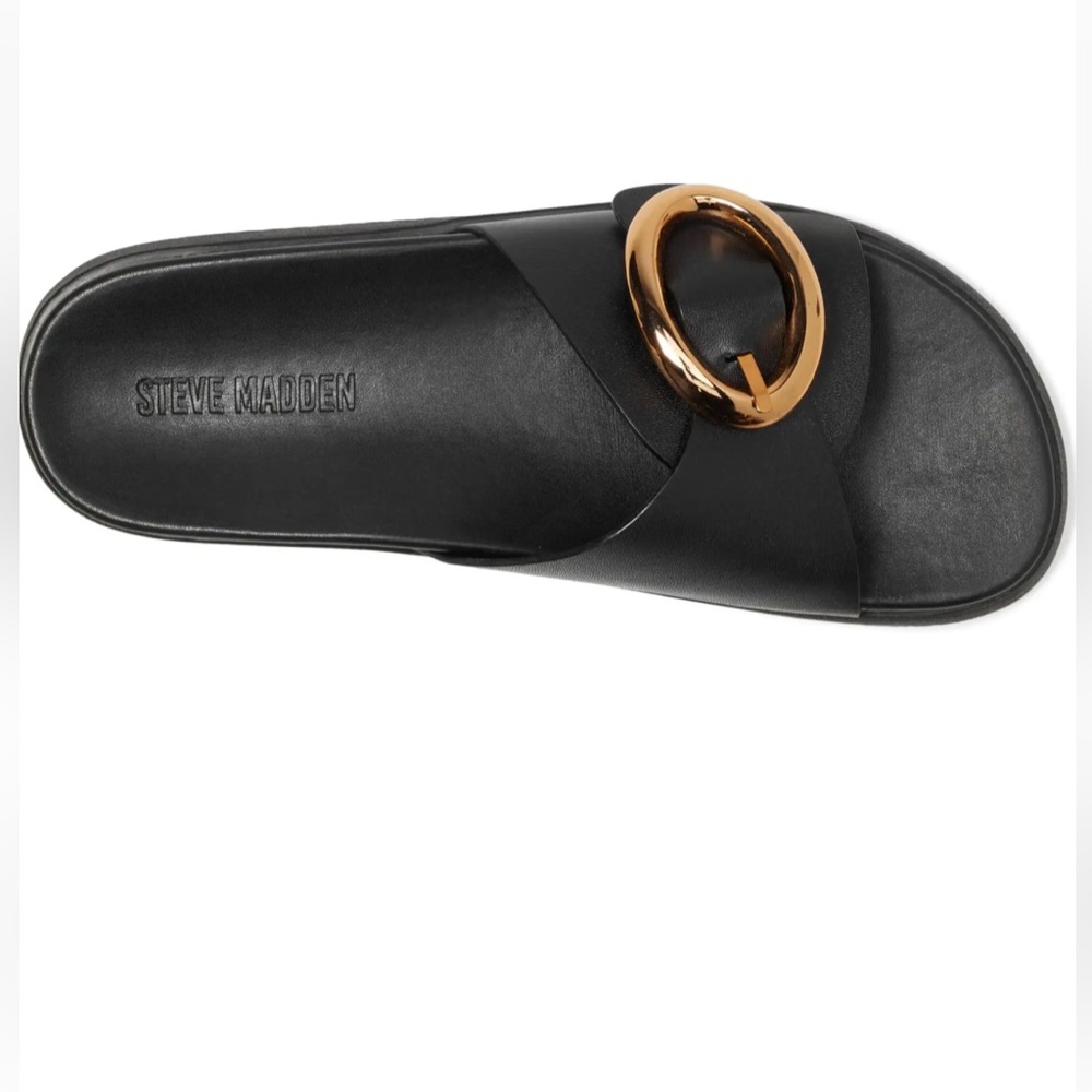 STEVE MADDEN - Black Slide Sandals with Gold Accent - Picture 4 of 6